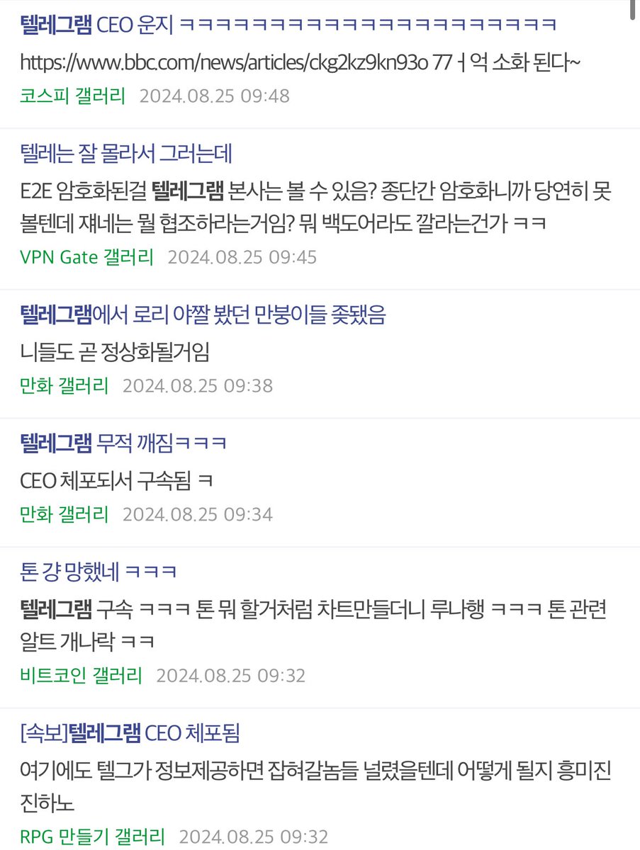 아하 이유가 있었네요 이렇게 덜덜 떠는 이유가~ 텔레그램 CEO가 구속 돼서! 자기들 정보가 넘어갈까봐! 같은 디씨인끼리 “정보  제공되면 잡혀갈 사람 한둘이 아니라” 며 걱정하는 정도~!