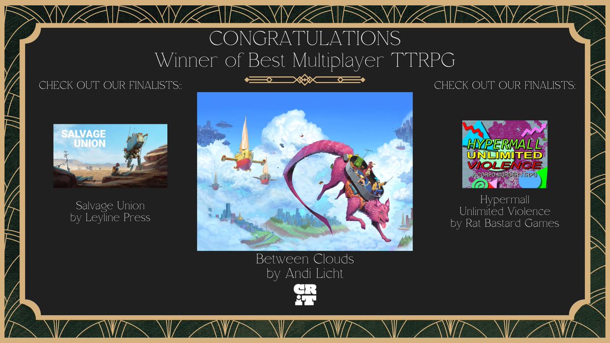 AndiMakesGames's tweet photo. Between Clouds won *Best Multiplayer TTRPG* at the @crit_awards this year! 🥳 A huge thank you to their entire team, and anyone who's supported this game along the way. Cheers! :) https://t.co/kjGYYfIRfn