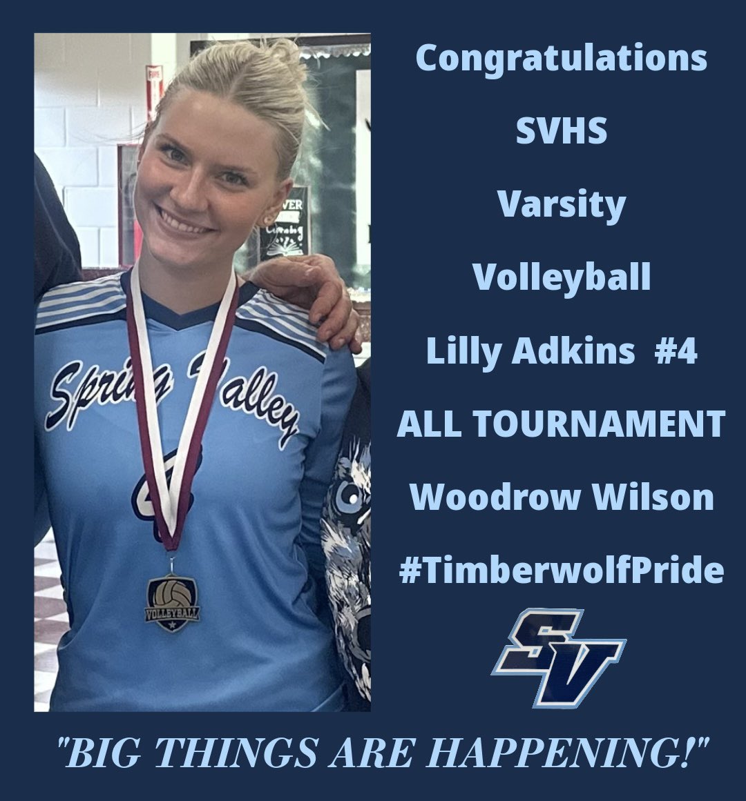 AthleticSpring's tweet photo. SVHS Varsity Volleyball- Lilly Adkins #4 (SV ‘25) All Tournament @ Woodrow Wilson Volleyball Tournament! Congratulations Lilly!!! 🏐🏆💙🐺 @lillyadkinss @wildbrookeee @HerdVolleyball https://t.co/9nb2qhTwqc