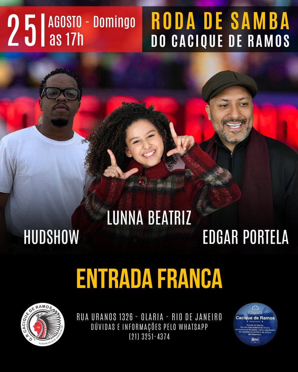 caciqueoficial's tweet image. É amanhã galera!!

Nossa boa e velha roda de samba aqui do Cacique com cara a partir das 17h!

As atrações desse domingo são:

- Lunna Beatriz
- Hudshow
- Edgar Portela

Lembrando que a entrada é franca!

#caciquederamos
#sambaraiz
#templosagradodosamba