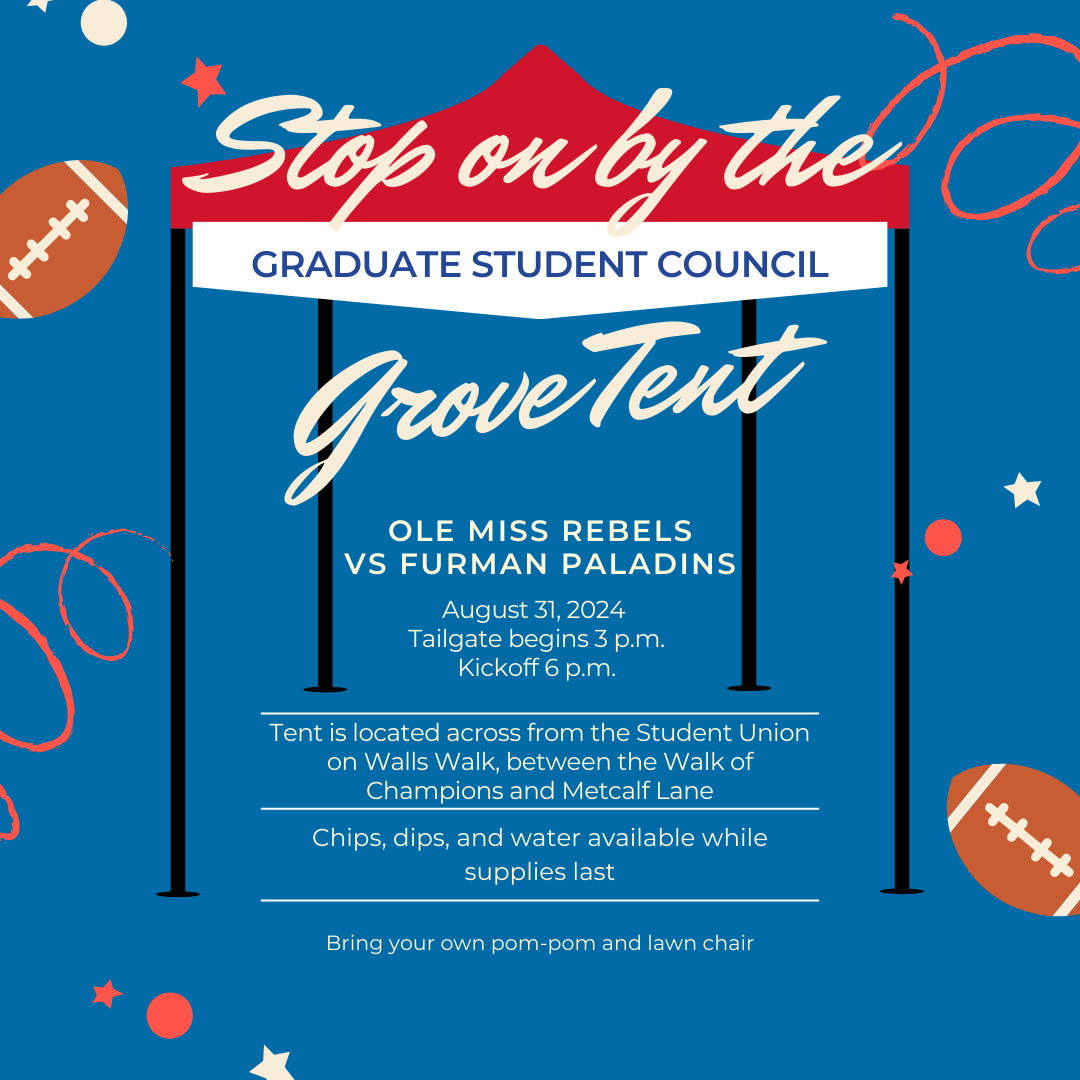 OleMissGSC's tweet photo. Check out our welcome back events scheduled this week! Hope to see all our graduate students ready to kick off the year right 🎉 https://t.co/O4uGcUQ8Ti