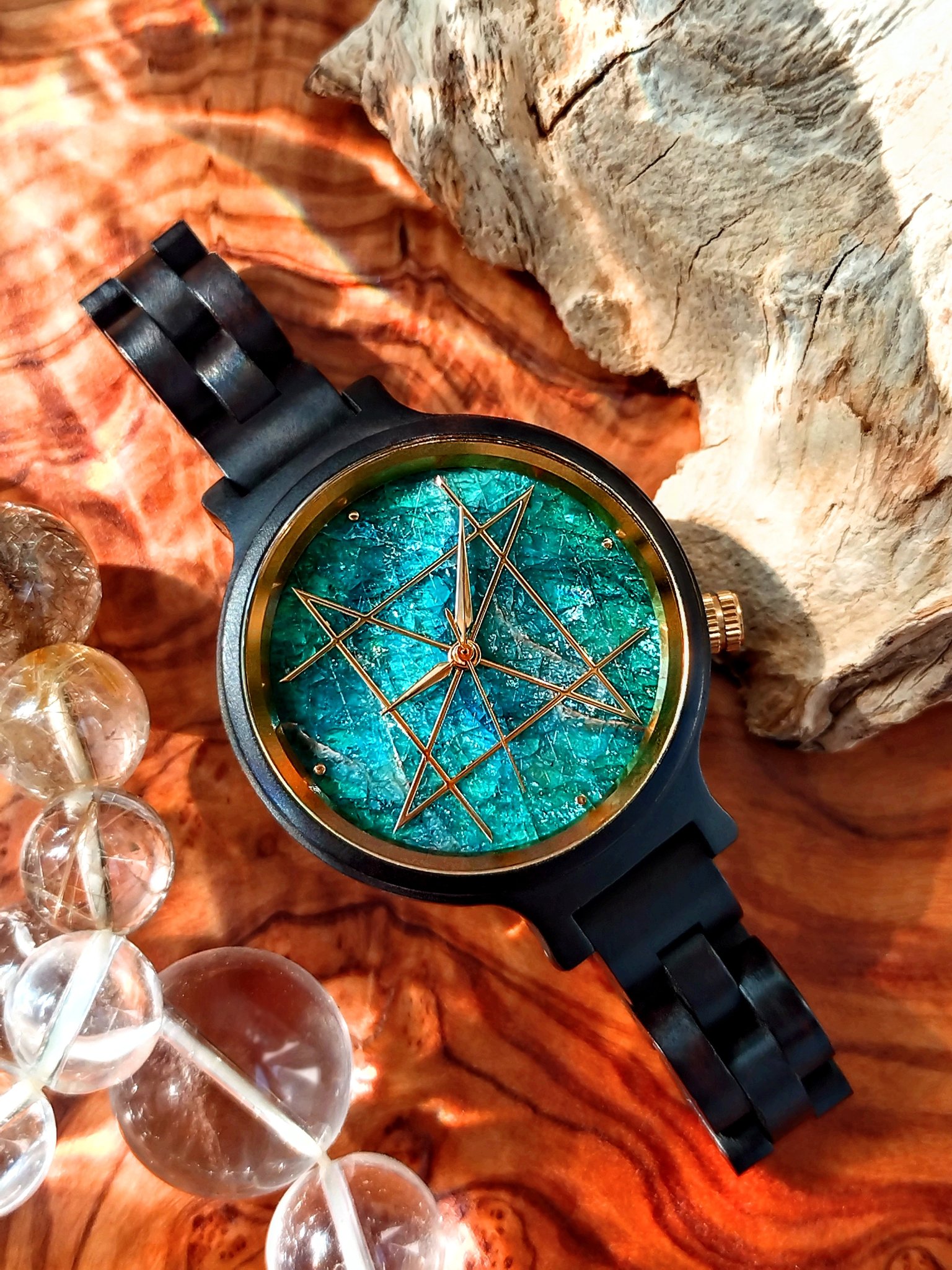 ブルーグリーンアパタイト エボニー天然木バンド NOZ 腕時計 42mm