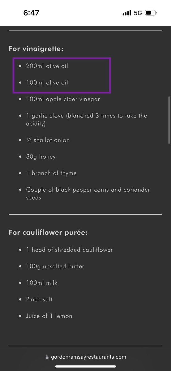 dianethinks's tweet photo. @GordonRamsay Does your cauliflower salad recipe call for 100ml olive oil or 200ml olive oil for the vinaigrette? I’ve been watching MasterChef and have renewed confidence to try cooking, and this recipe on your restaurants’ site has me a bit confused. I don’t want to mess up! https://t.co/2wS4UEEFQs