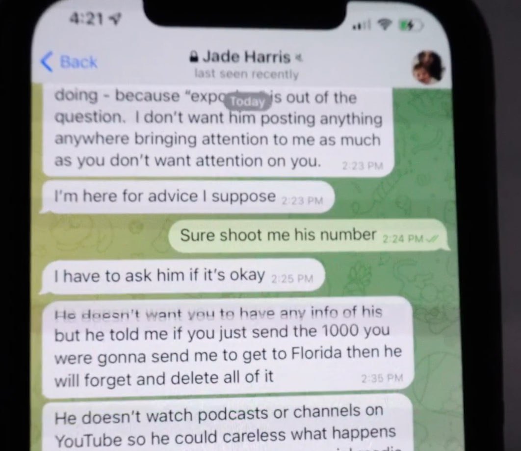 Justice4AS's tweet photo. Jade and her boyfriend THREATENED him with EXTORTION... she never shows the FULL conversation... Andy mentioned in a stream that he had and recorded this exchange while on the phone with a PI / Retired Police Detective... This is TEXTBOOK Extortion.... https://t.co/VKg8NPK7X3
