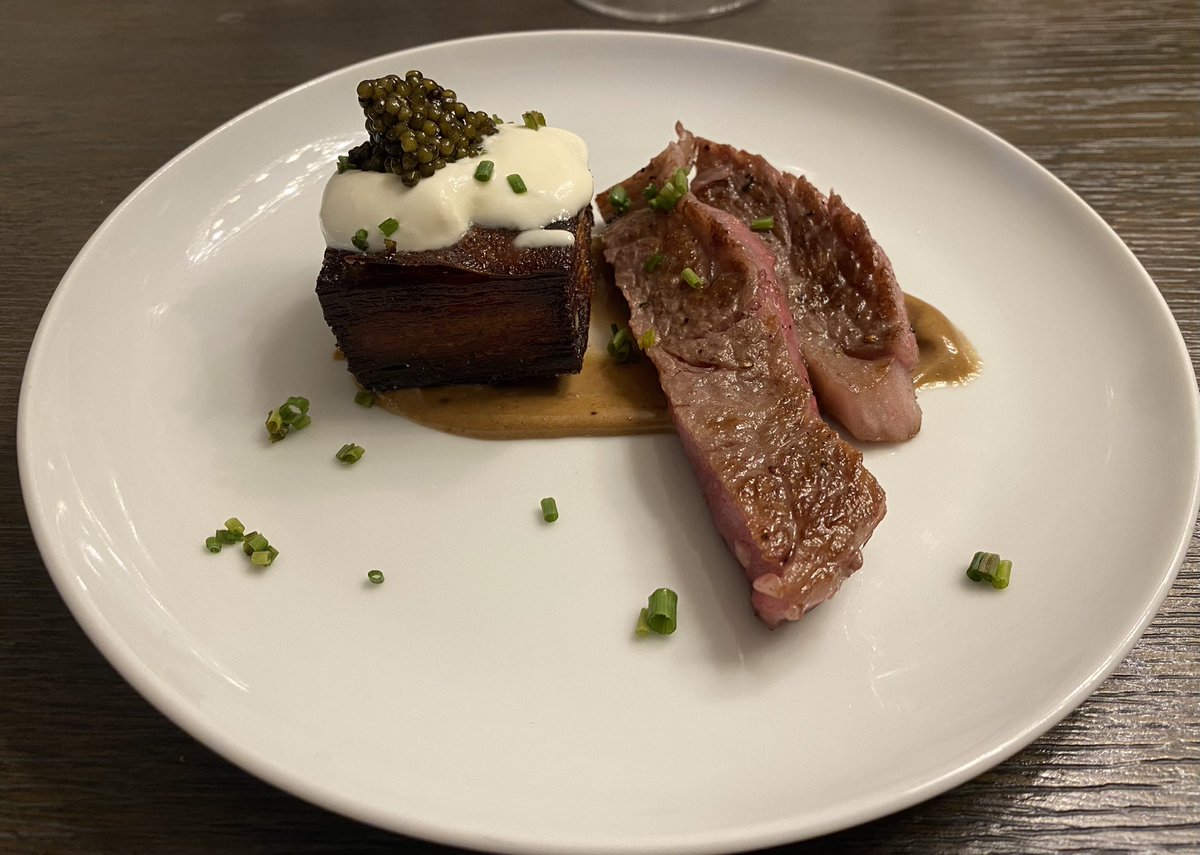 AFreedman39's tweet photo. Wagyu steak and pave potatoes.  Bout time chef hit the basics. Blocking and tackling, run the football!  Oh wait he added caviar and a bernaise. Still fancy! #fournierdinnerparty https://t.co/RXPefmxKIG