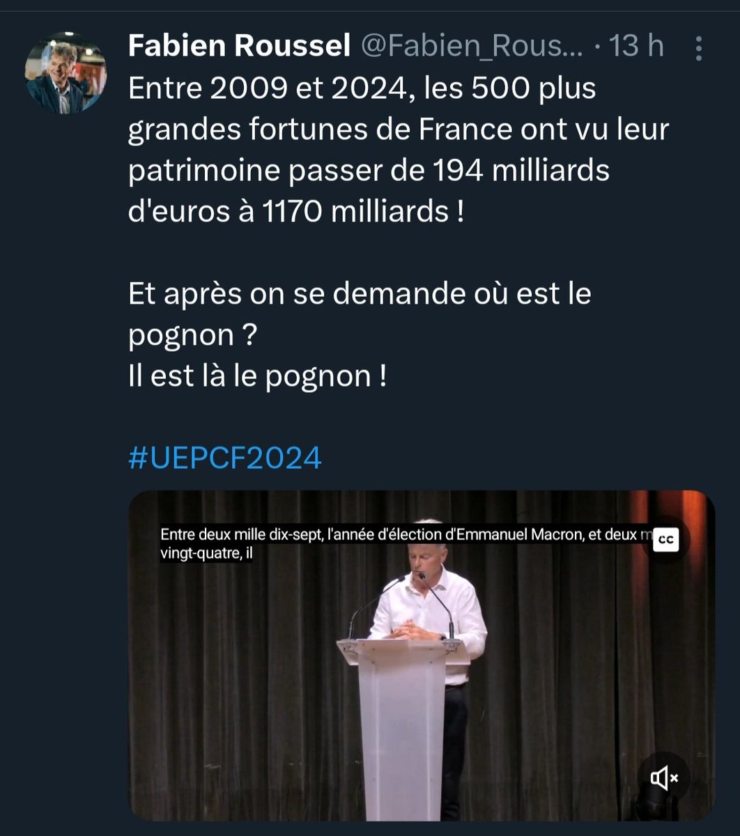 alexiskarklins's tweet photo. On pourrait commencer par rappeler que l'essentiel de ces fortunes est avant tout composé des actions des entreprises que ces familles contrôlent (ce n'est pas de l'argent liquide qui dort sur un compte en banque, hein ?).

On pourrait ensuite expliquer que la croissance des valeurs des actions est surtout liée 1. à la baisse des taux voulue par les banques centrales pour soutenir l'économie, ce qui accroît la valeur des actifs financiers 2. aux performances opérationnelles et financières remarquables de nos entreprises, notamment à l'international. On pourrait donc s'en réjouir. Une entreprise française qui conquiert des parts de marché, qui innove, qui gagne des clients, qui fait rayonner nos savoir-faire... devrait être une source de fierté plutôt que d'être stigmatisée .

On pourrait même se dire que finalement un peu de capitalisation dans nos retraites aurait également profité de l'évolution favorable des marchés financiers depuis 2009 (même si tout n'aurait bien sûr pas été ́investi en actions).

Mais non ! Nous sommes en France. Et il est communiste. Donc on tape sur les riches, on reprend l'expression "pognon" pour jouer la colère, mais surtout, on continue de répandre cette vieille fable du "jeu à somme nulle" : si je gagne, c'est que quelqu'un perd... 
Nourri de philosophie grecque et d'ordolibéralisme, je suis favorable à la redistribution des revenus, pour l'équilibre et la stabilité de la Cité. Mais ces discours sont tellement surannés...