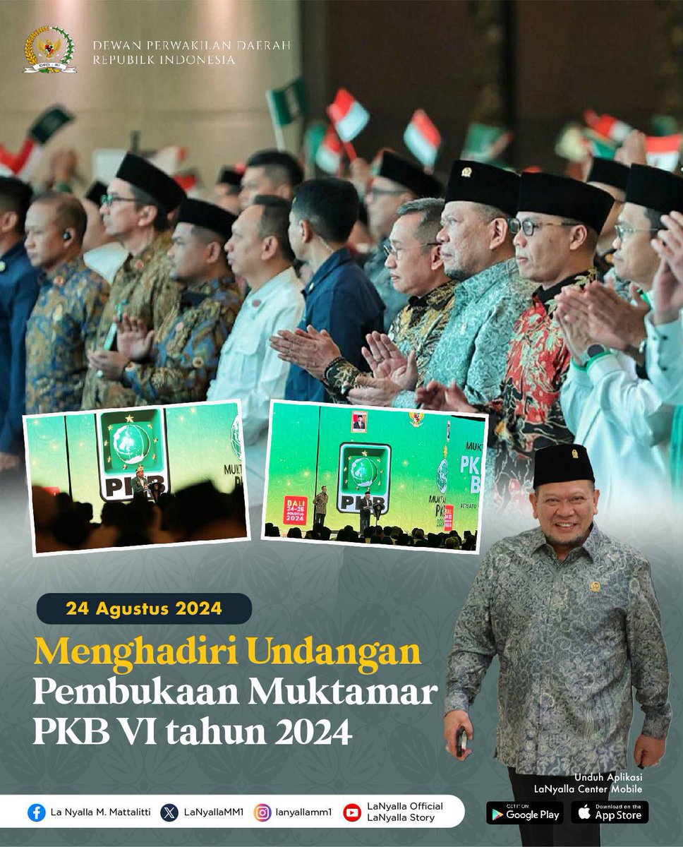 Malam kemarin, saya menghadiri undangan pembukaan Muktamar PKB VI tahun 2024 yang digelar di Nusa Dua Bali, Sabtu, 24 Agustus 2024. Muktamar ini sendiri digelar selama dua hari.

#LaNyalla #ketuadpdri #muktamar #muktamarpkb #pkb #bali