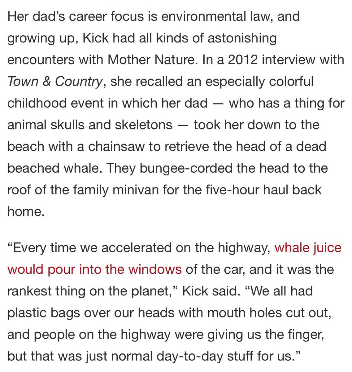 CyberPunkCortes's tweet photo. RFK Jr’s daughter, Kick Kennedy, recounts the time her dad cut off a dead whale’s head with a chainsaw. When he said he had skeletons in his closet, he was not kidding. https://t.co/wqO474woG4