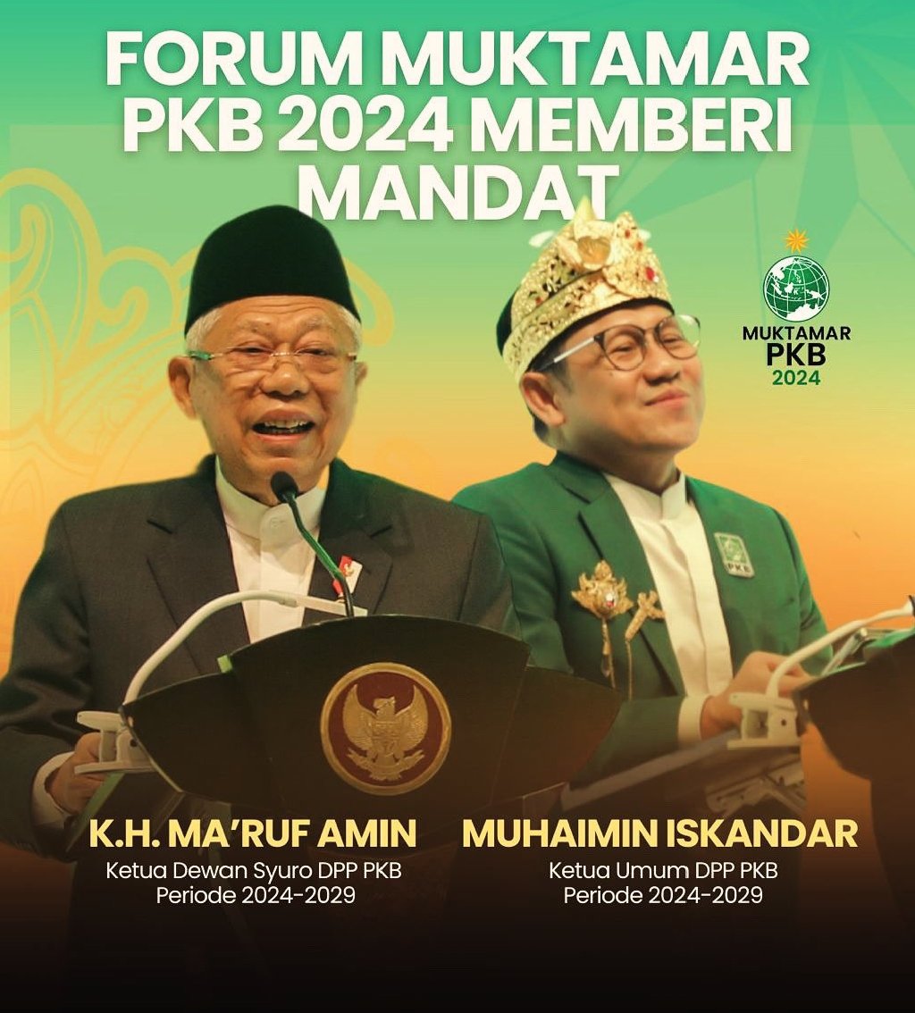 Selamat dan Sukses atas Terpilihnya K.H. Ma'ruf Amin sebagai Ketua Dewan Syuro DPP PKB dan Gus A. Muhaimin Iskandar sebagai Ketua Umum DPP PKB untuk Periode 2024 - 2029.

"PKB dari NU untuk bangsa, dan dari ulama untuk rakyat Indonesia"
<a href="/cakimiNOW/">A Muhaimin Iskandar</a> 
<a href="/Kiyai_MarufAmin/">KH. Ma'ruf Amin</a>