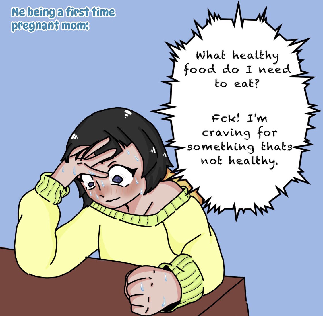 My very first motherhood be like:
I really don't know where to start eating healthy 🥹 

#art #chibiart #artmoots #digitalart