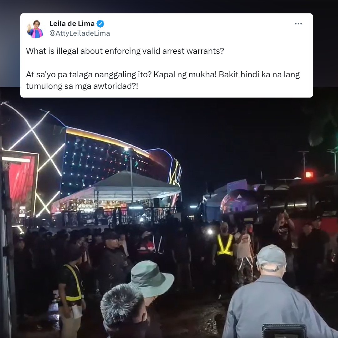 News5PH's tweet photo. 'KAPAL NG MUKHA'

Ito ang naging reaksyon ni dating senador Atty. #LeilaDeLima sa inilabas na pahayag ni dating pangulong #RodrigoDuterte ukol sa pagsisilbi ng warrant of arrest ng #PNP laban kay #KOJC pastor #ApolloQuiboloy nitong Sabado, Aug. 24. #News5 https://t.co/K7p1bElmi3
