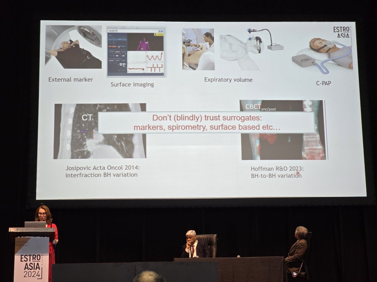 schin_au's tweet photo. At #ESTROAsia24, @marianneaznar from @RT_physics @TheChristieNHS discusses radiotherapy motion management. Need to account for inter and intra fraction variation for breath hold RT. Motion management and adaptive techniques may allow safer delivery of dose escalated RT #radonc https://t.co/5FIRDWYyl5