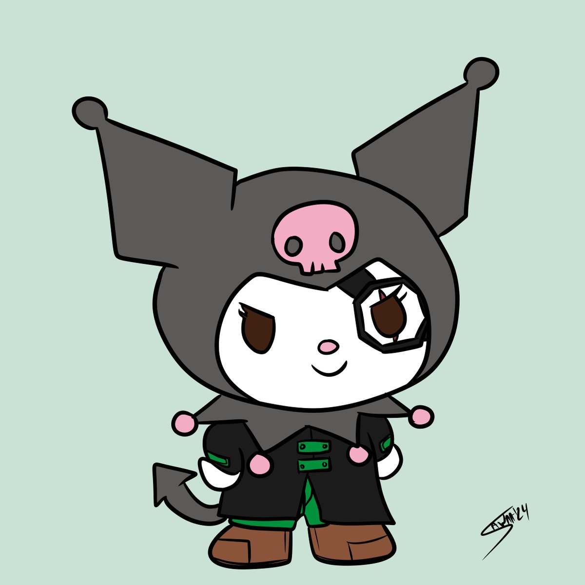 sawaanojutsu's tweet photo. I could not let pass the day without doing another #fakecollab with #sanrio today it was #Kuromi as #solrac you still doesnt know him, but soon you will? maybe? when my hiatus is over ๐ #oc #zior https://t.co/n8NaoA1YcA