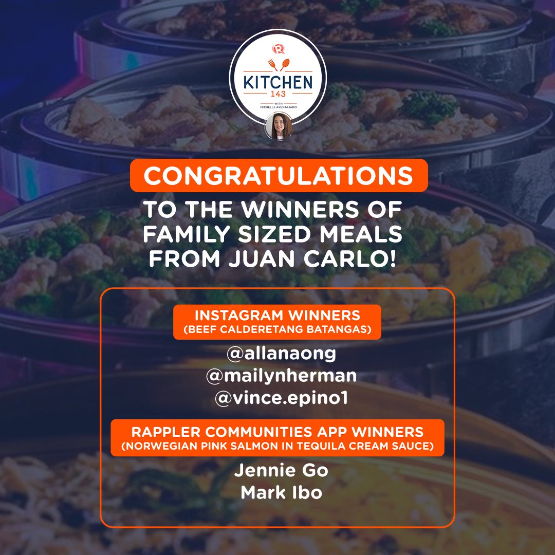 rapplerdotcom's tweet photo. Congratulations to the winners of family sized meals from Juan Carlo the Caterer! Shoot @juancarlocaterer a DM to claim your prize.
Catch the latest episode of #Kitchen143 here: https://t.co/27Gzo0S1KU https://t.co/UTtaAn8rHO