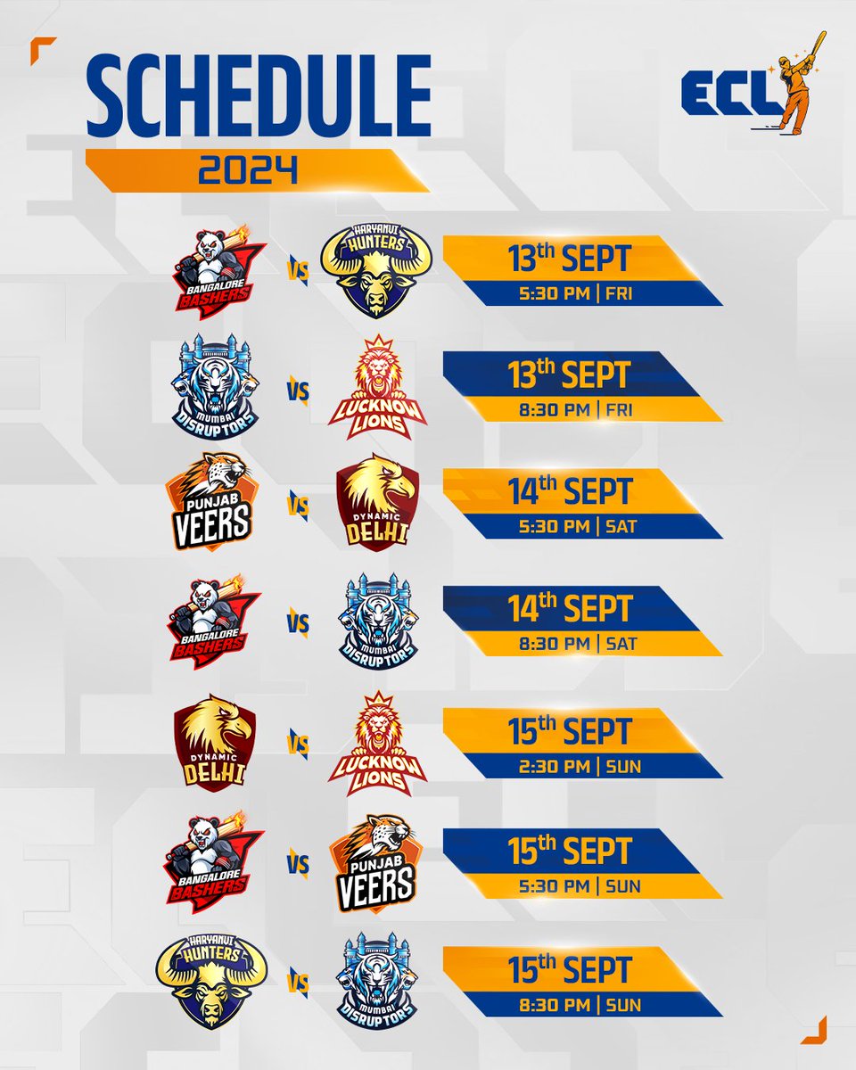 eclt10league's tweet photo. 𝗧𝗛𝗘 𝗪𝗔𝗜𝗧 𝗜𝗦 𝗢𝗩𝗘𝗥! 🏏

Here’s the full list of fixtures for the inaugural season of the Entertainers Cricket League! 💯

#ECL #EntertainersCricketLeague #CurtainRaiser #CricketLeague #Sports https://t.co/ebLBbrl0BO