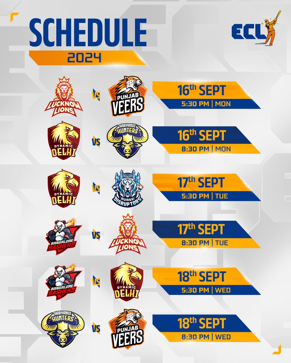 eclt10league's tweet photo. 𝗧𝗛𝗘 𝗪𝗔𝗜𝗧 𝗜𝗦 𝗢𝗩𝗘𝗥! 🏏

Here’s the full list of fixtures for the inaugural season of the Entertainers Cricket League! 💯

#ECL #EntertainersCricketLeague #CurtainRaiser #CricketLeague #Sports https://t.co/ebLBbrl0BO