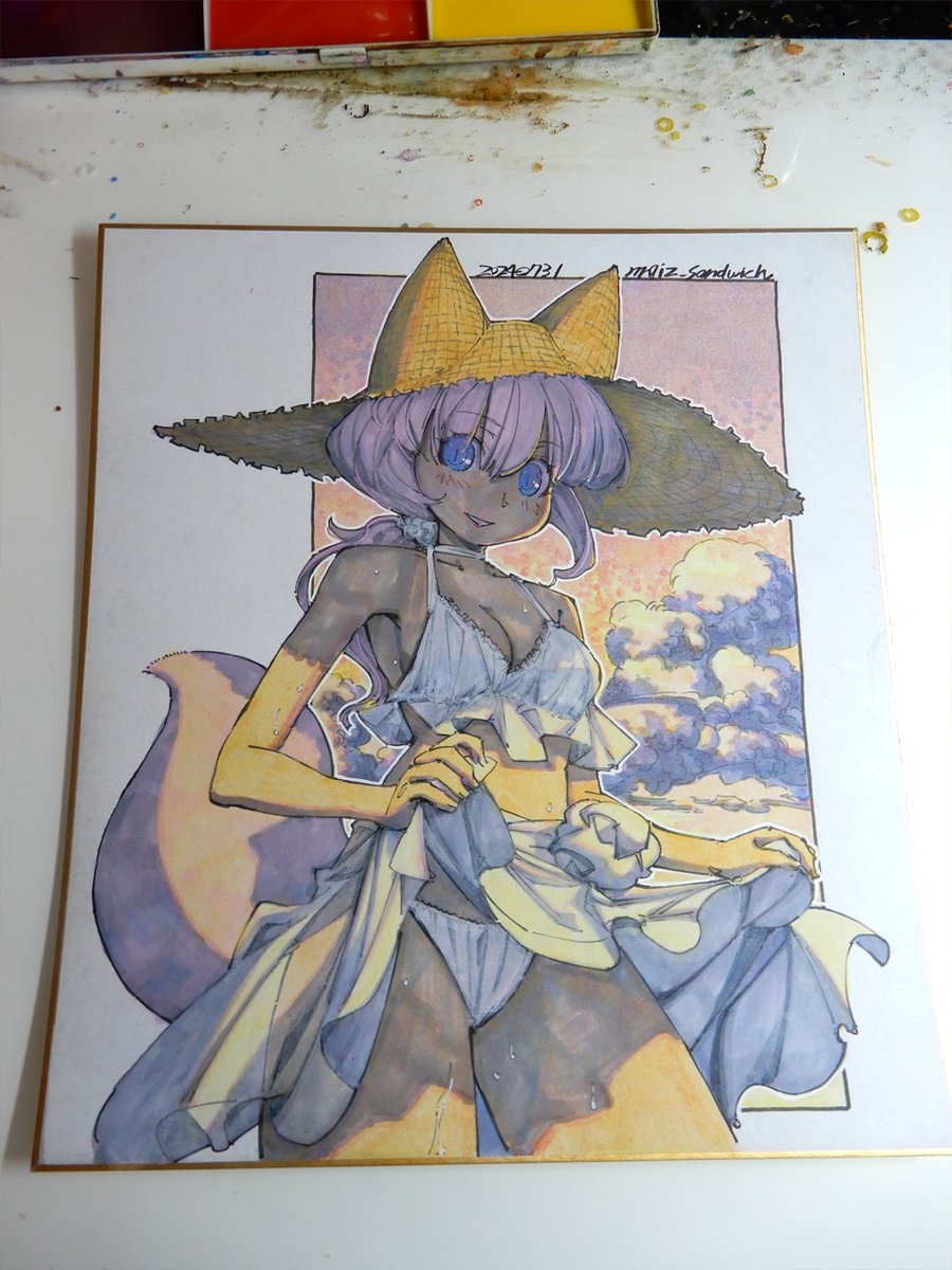 meiz_sandwich's tweet photo. 【アナログ2168：夏の薄紫】そういえば昼間以外の絵は久しぶりかもしれない。
＃水彩 ＃原画 ＃色紙 ＃狐娘 https://t.co/J7fuG2W0qC