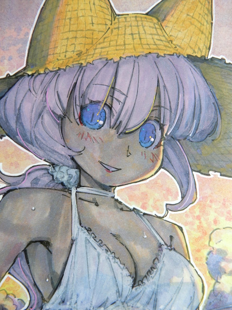 meiz_sandwich's tweet photo. 【アナログ2168：夏の薄紫】そういえば昼間以外の絵は久しぶりかもしれない。
＃水彩 ＃原画 ＃色紙 ＃狐娘 https://t.co/J7fuG2W0qC