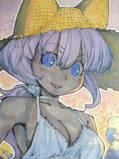 【アナログ2168:夏の薄紫】そういえば昼間以外の絵は久しぶりかもしれない。#水彩 #原画 #色紙 #狐娘 
