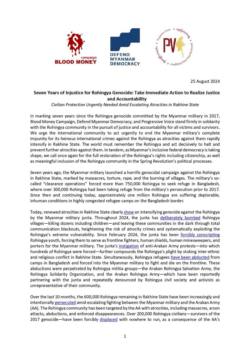 bloodmoney22222's tweet photo. Seven Years of Injustice for Rohingya Genocide: Take Immediate Action to Realize Justice and Accountability
#RohingyaGenocide #WhatsHappeninglnMyanmar https://t.co/tktsX0Qsfq