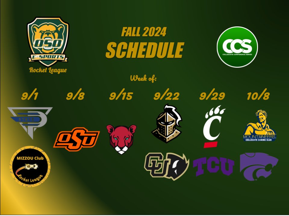 Oso Esports at Baylor University (@oso_esports) on Twitter photo We are pleased to announce the schedule for our Rocket League team for the <a href="/CollegiateCCS/">Collegiate Conference Series</a> Fall 2024 season! We are pleased to announce the schedule for our Rocket League team for the <a href="/CollegiateCCS/">Collegiate Conference Series</a> Fall 2024 season!