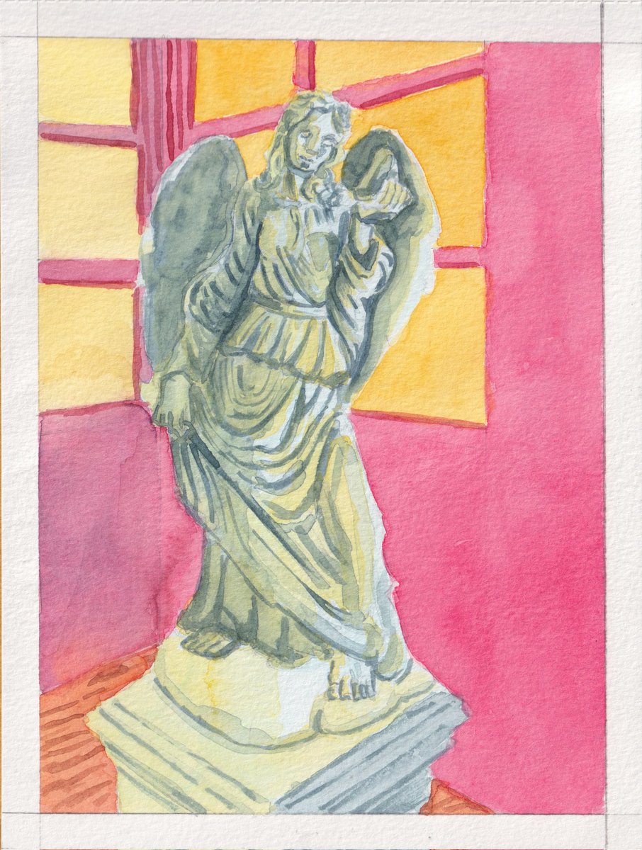 floopate's tweet image. Painting 6! Heres an angel statue that i saw at the mall. I loved the yellow lighting from the window against the blue lighting from the right. 

This was done on my #canson sketchpad with #shinhan and #danielsmith #watercolor 🥰