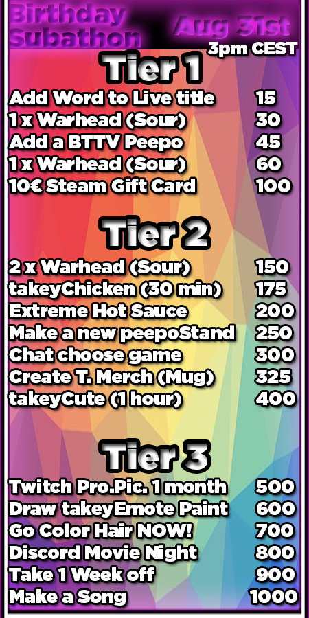 Takerst's tweet photo. Next Saturday (31st) 12 Hour Birthday Stream into Sunday 1st Sep (My Birthday)! Its gonna be fun, hope to see you there :) #Birthday https://t.co/Pc4e5EumVz
