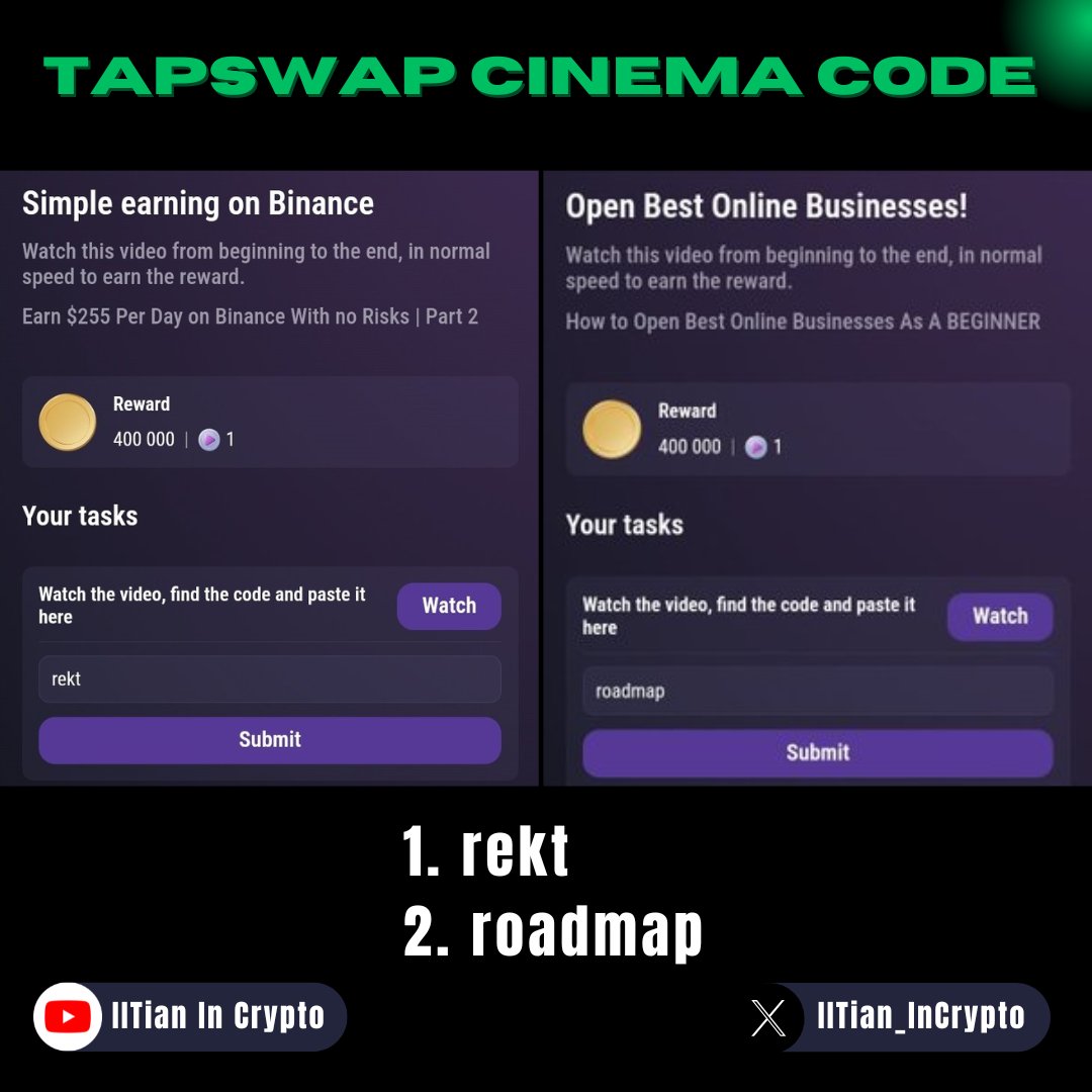 IITian_InCrypto's tweet photo. Tapswap Cinema Code 25th August
#Tapswap #Cinemacode https://t.co/jct6E6q4Yl
