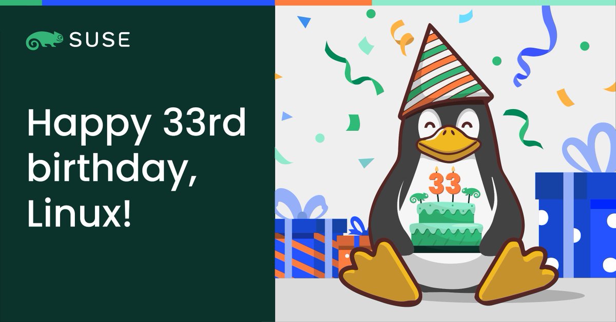 SUSE's tweet image. 🎉Today, we celebrate #Linux&apos;s 33rd birthday and the #opensource movement that has grown with it. What started as a small project by Linus Torvalds in 1991 continues to make a significant impact on the tech industry now. 🎂 Happy birthday, Linux! 

@linuxfoundation #TuxTurns33