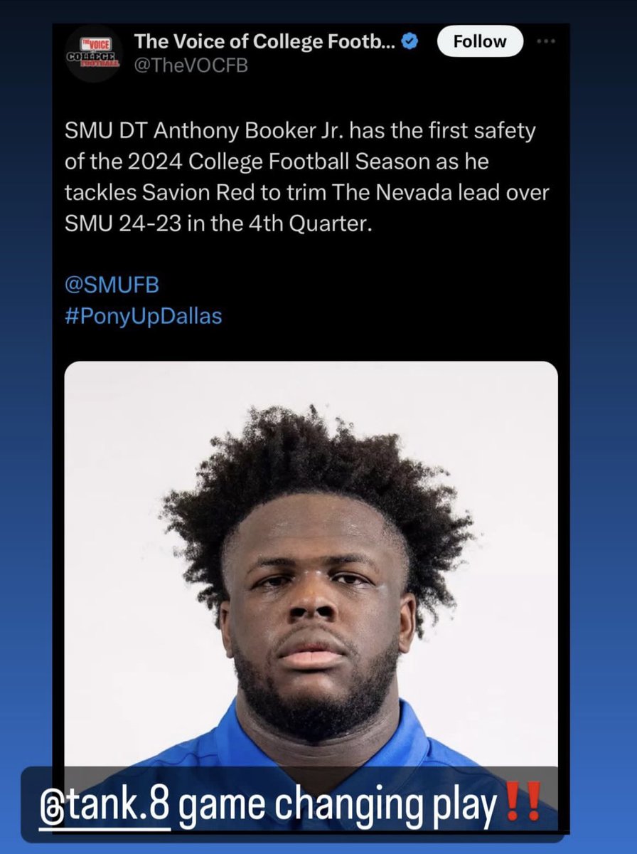 Yessir Tank!! Proud of you and your teammates! <a href="/arbj14_/">Tank Booker</a> <a href="/CoachChadMurphy/">Chad Murphy</a> <a href="/slimshaqfatkobe/">Anthony Booker Sr.</a> <a href="/SMUFB/">SMU Football</a>