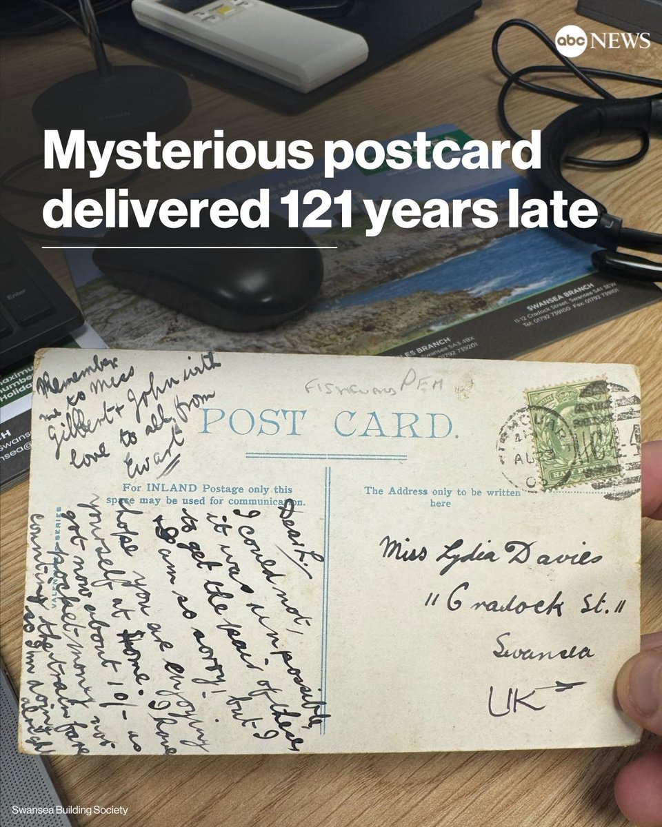 ABC's tweet photo. A postcard has found its way to an office in Swansea, Wales, 121 years after it was originally sent.

It is adorned with a stamp of King Edward VII, who reigned as British monarch until 1910. https://t.co/Ecvq0CzNyr https://t.co/5iwGYRTdCE