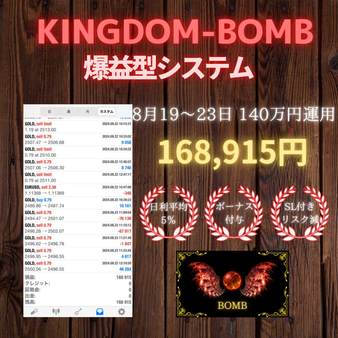 kingdom00system's tweet photo. ボムが今週も爆益❗

今月トータル50パープラス達成！

破壊力はありますが
破綻前提なので
必ず利益分はご出金ください❗

#ドル円 #資産形成 USDJPY XAUUSD
iDeCo 楽天証券NISA 損切り 含み損
含み益 ナンピン ロスカット 自動売買
コピトレ https://t.co/TDwC5zOdcq