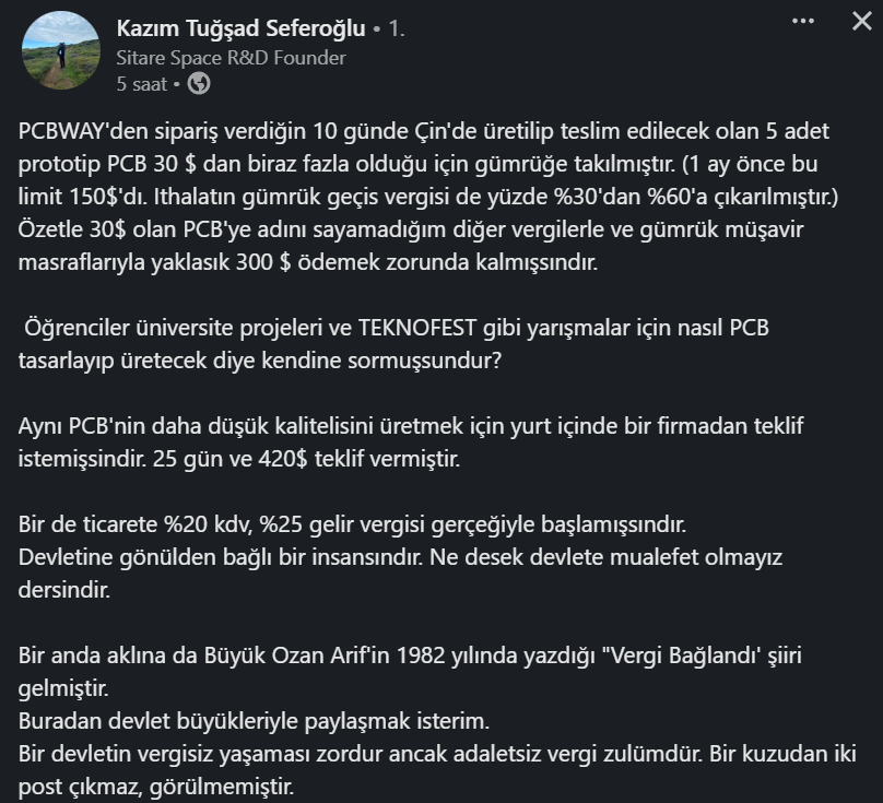Durum bu. AR-GE alanında daha çok kolaylık sağlanması gerekirken PCB alamaz olduk. <a href="/TCSanayi/">Sanayi ve Teknoloji Bakanlığı</a> <a href="/mfatihkacir/">Mehmet Fatih KACIR</a>