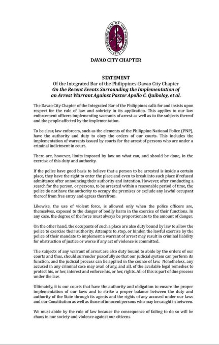 ABSCBNNews's tweet photo. READ: Statement of the Integrated Bar of the Philippines Davao City chapter on the implementation of arrest warrant against church leader Apollo Quiboloy and other co-accused at the Kingdom of Jesus Christ Compound, Saturday morning. | via @ChrislenBulosan https://t.co/H7umi0oVVS