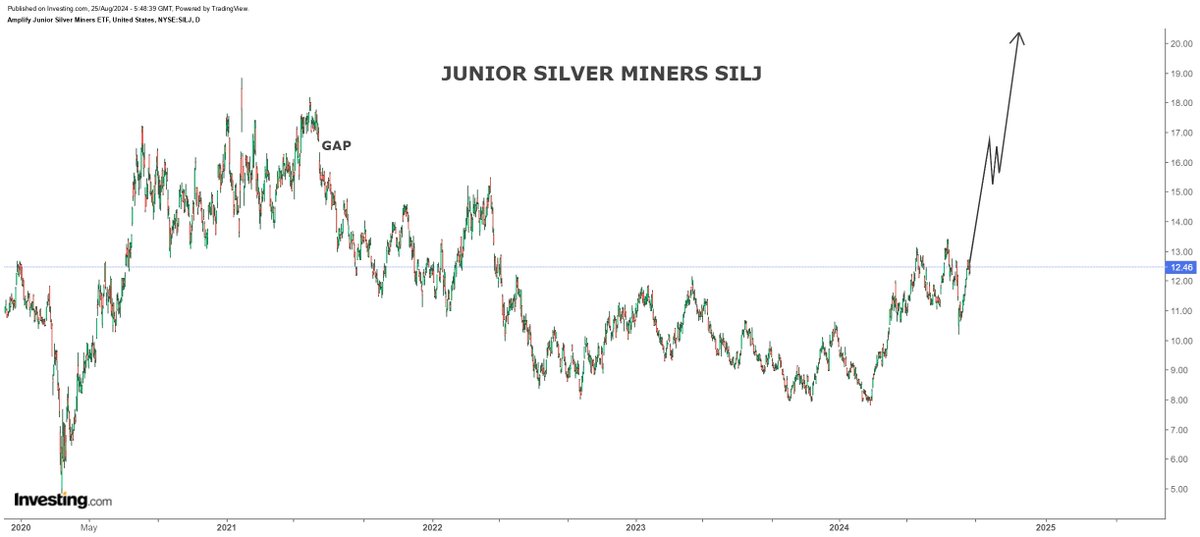 hajiyev_rashad's tweet image. I believe that Junior Silver Miners SILJ is on the verge of a strong and fast rally. I expect initial leg to run 35% to fill June 2021 gap then consolidate for some time and then test $21 - 23 level...