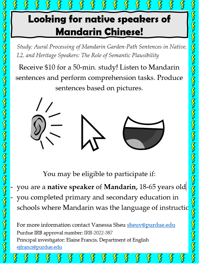 Looking for advanced L1 English L2 #Mandarin speakers for online dissertation research! $15/80 min.
The experiment involves computer-based tasks and takes place over Zoom. Participants are compensated via an major electronic payment app of their choice
cla.purdue.edu/english/franci…