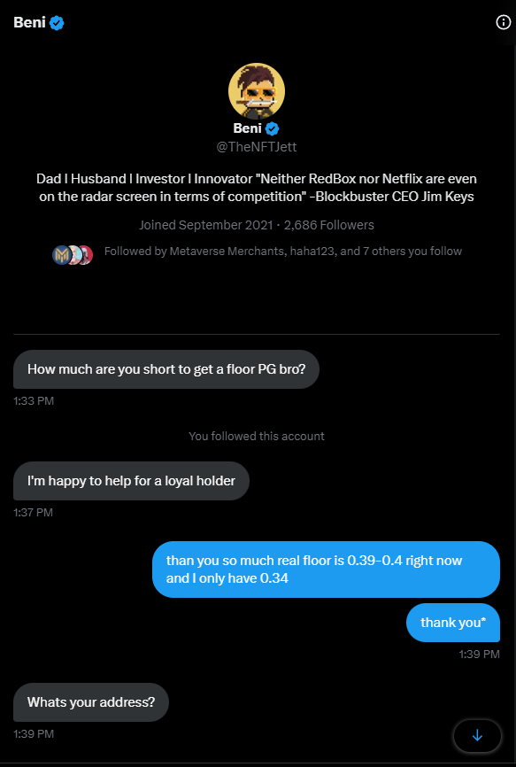 (1) Words cannot express how thankful and grateful I am to <a href="/TheNFTJett/">Beni</a>, thank you so much kind sir 🙏

After seeing my tweet about losing my <a href="/JirasanOfficial/">Jirasan 🔴</a>, he offered me to cover for the funds I lack to buy from floor.