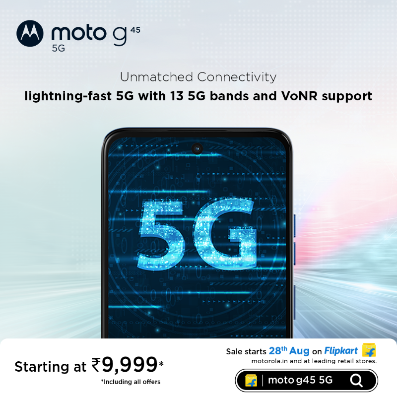 motorolaindia's tweet photo. With the #MotoG45 5G, speed is at your fingertips. Download, stream, and connect with unparalleled 5G performance, thanks to 4 carrier aggregation and 4X4 MIMO.🚀📶
Sale starts Aug 28, starting at ₹9,999* @Flipkart, https://t.co/azcEfy2uaW & leading stores.
#FastNWow