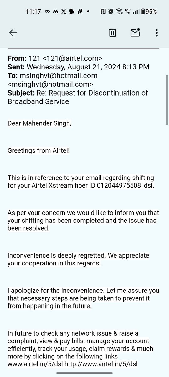 MahendraRewa's tweet photo. @airtelindia I make request to shift brodband same premises on 13Aug  2024 Many times contacted customer service as well as nodal authority for resolving the same issue. But till date no any action taken.everyday just ask to give time after 13 days neither disconnect nor shift. https://t.co/le6PNfQZ72