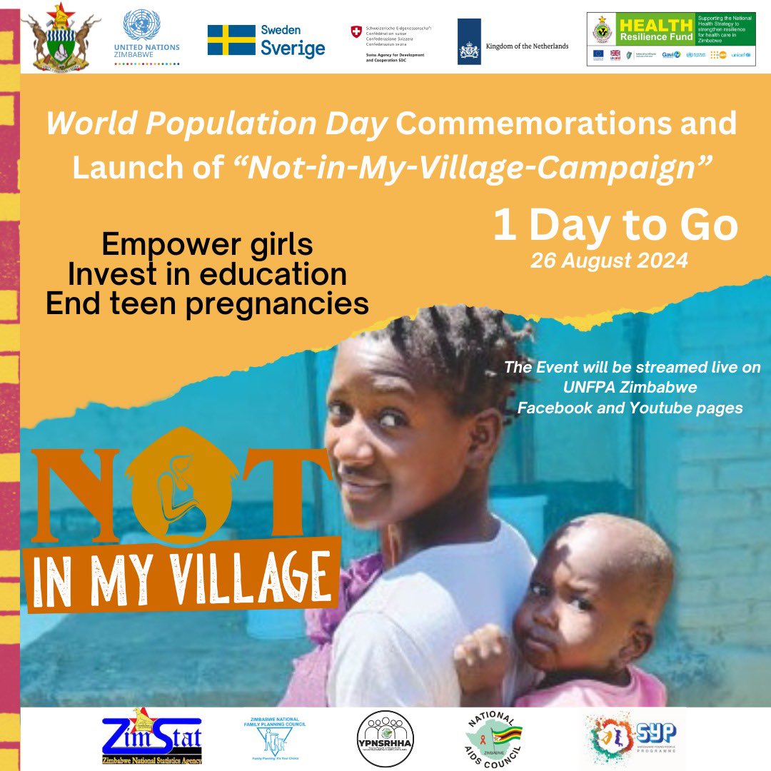 Tomorrow we commemorate #WorldPopulationDay &amp; Launch Not-In-My-Village Campaign in Mash Central. 

Teenage pregnancies are not just a personal issue; they reflect broader societal challenges. 

Let's empower young people with education &amp; resources to shape their future. 
#ICPD30