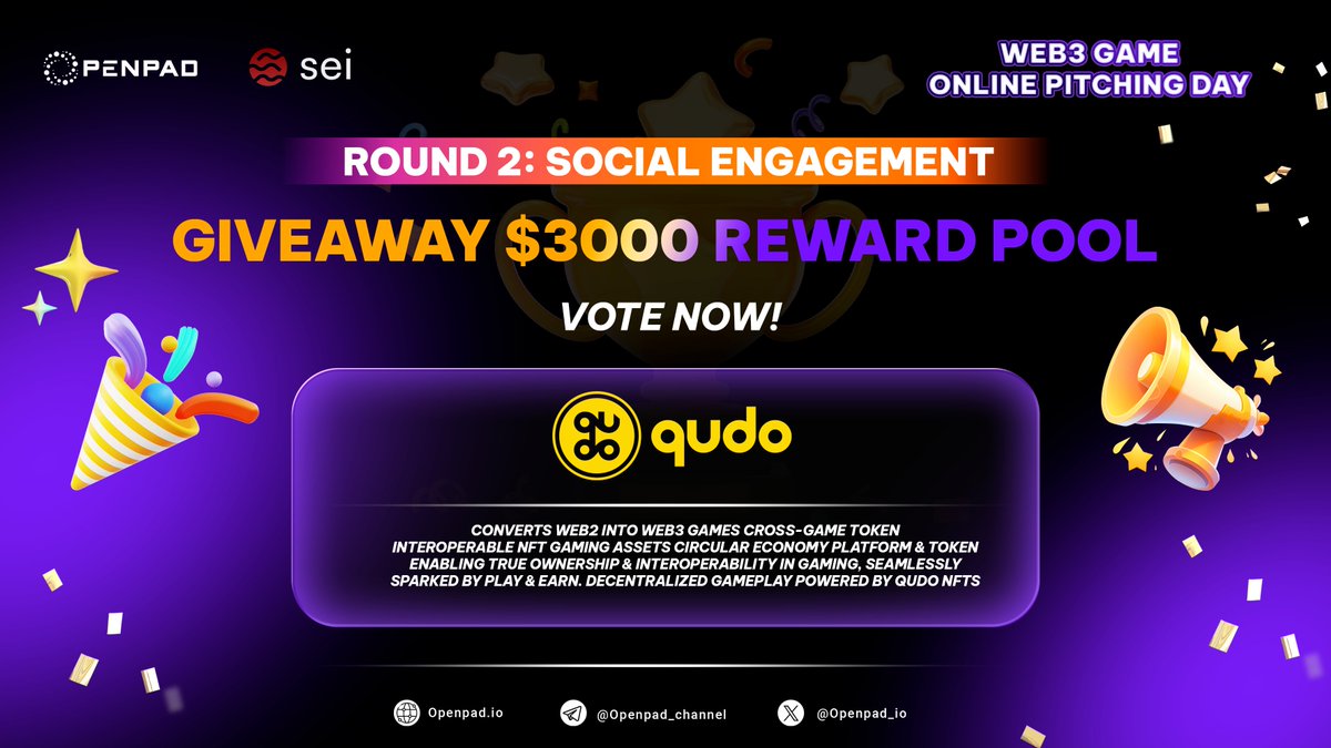 ⚡️ OpenPad Web3 Game Online Pitching Day, Co-Hosted with <a href="/SeiNetwork/">Sei</a>: Round 2 – Community Engagement

We are excited to share that QUDO has been selected as one of the top 41 projects to advance to Round 2 of the <a href="/Openpad_io/">OpenPad AI</a> Web3 Game Online Pitching Day! 🎉

🤑 Reward Pool: