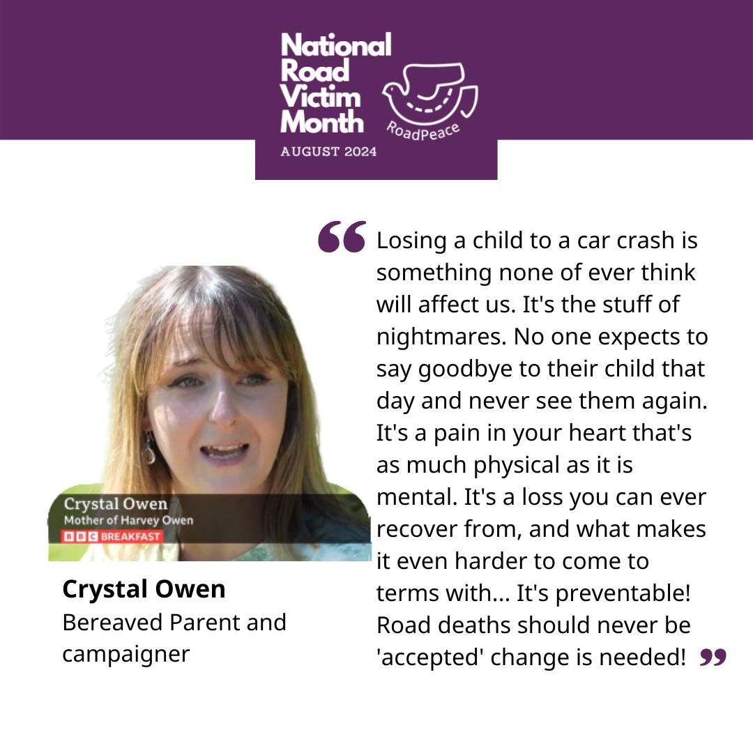Thank you to Crystal Owen <a href="/owe65332/">Crystal Owen</a> for supporting National #RoadVictimMonth this August - an annual campaign aimed at raising awareness of the staggering number of people needlessly killed and injured on UK roads. Find out more: buff.ly/4ddLq1j