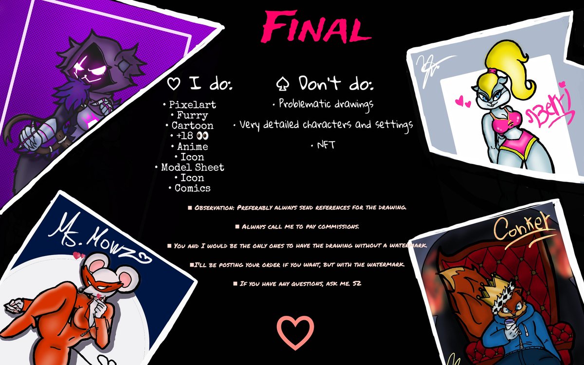•°○♡ Hey, guys! Here is my price list and some more information! 
If you have any questions, you can ask.  ❤️✨️✏️✍️💭💫 •○°♧ 

#Commisions • #Art • #Fanart • #Furry • #PixelArt • #Chibi • #FurryArt • #Yukirita_ • #Oc • #Cartoon • #Etc