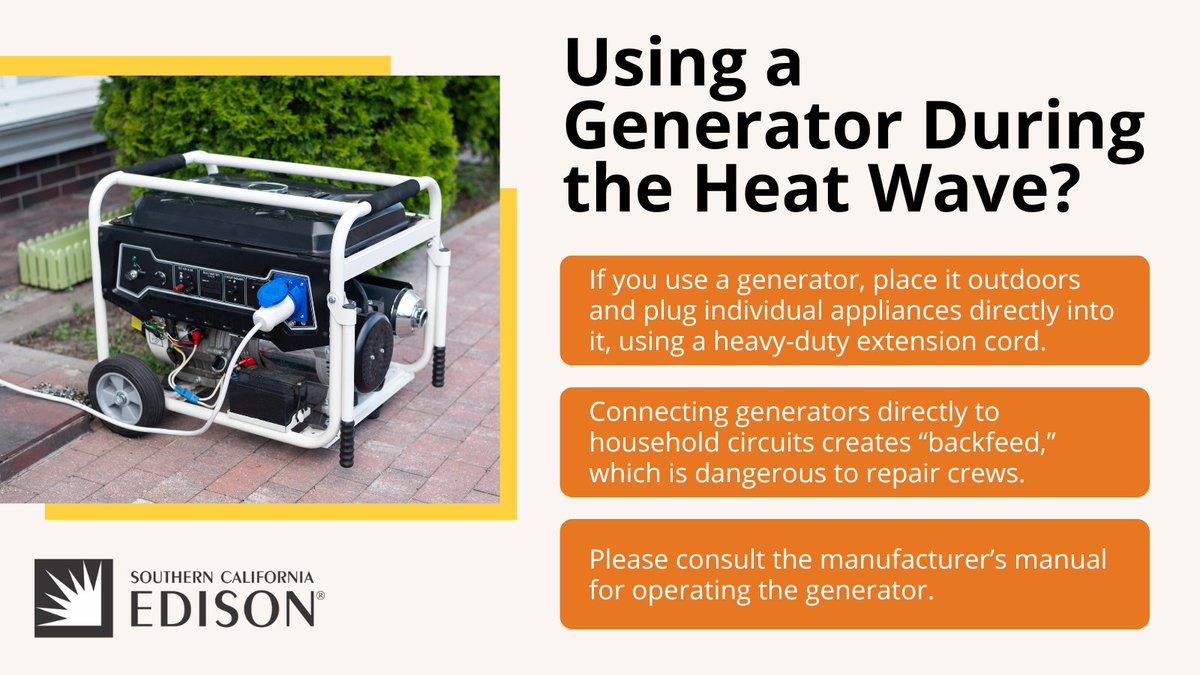 Using a generator during the heat wave? ⚡🔌 Keep your family safe by placing generators outdoors and plugging appliances directly into them. #HeatWaveSafety  
energized.edison.com/stories/crews-…