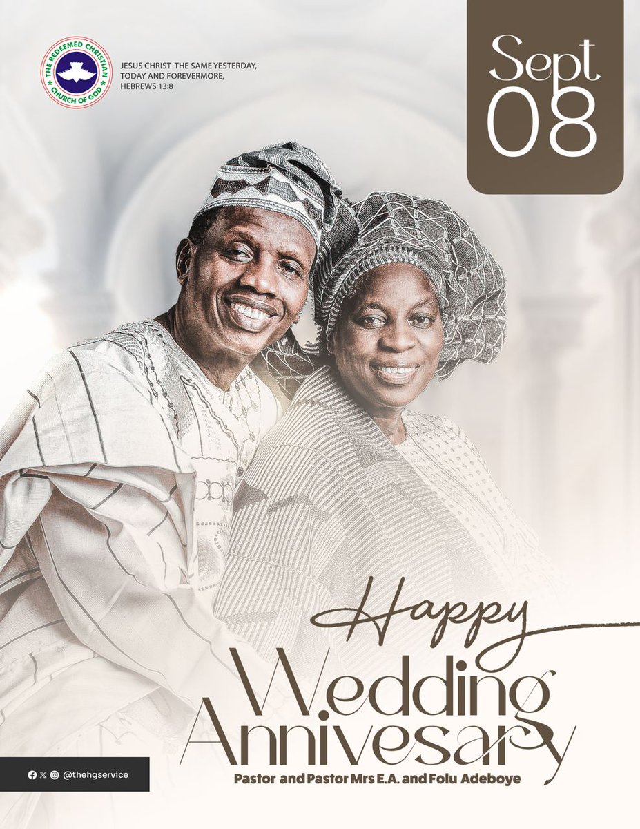 57 years (and counting) of a beautiful and fruitful union!

Happy wedding anniversary to our dear parents-in-the-Lord, <a href="/PastorEAAdeboye/">Pastor Adeboye</a> and <a href="/PastorFAAdeboye/">Pst Mrs F.A.Adeboye</a>

We pray that the joy of the Lord will continue to sustain you both even as His grace carries you.
