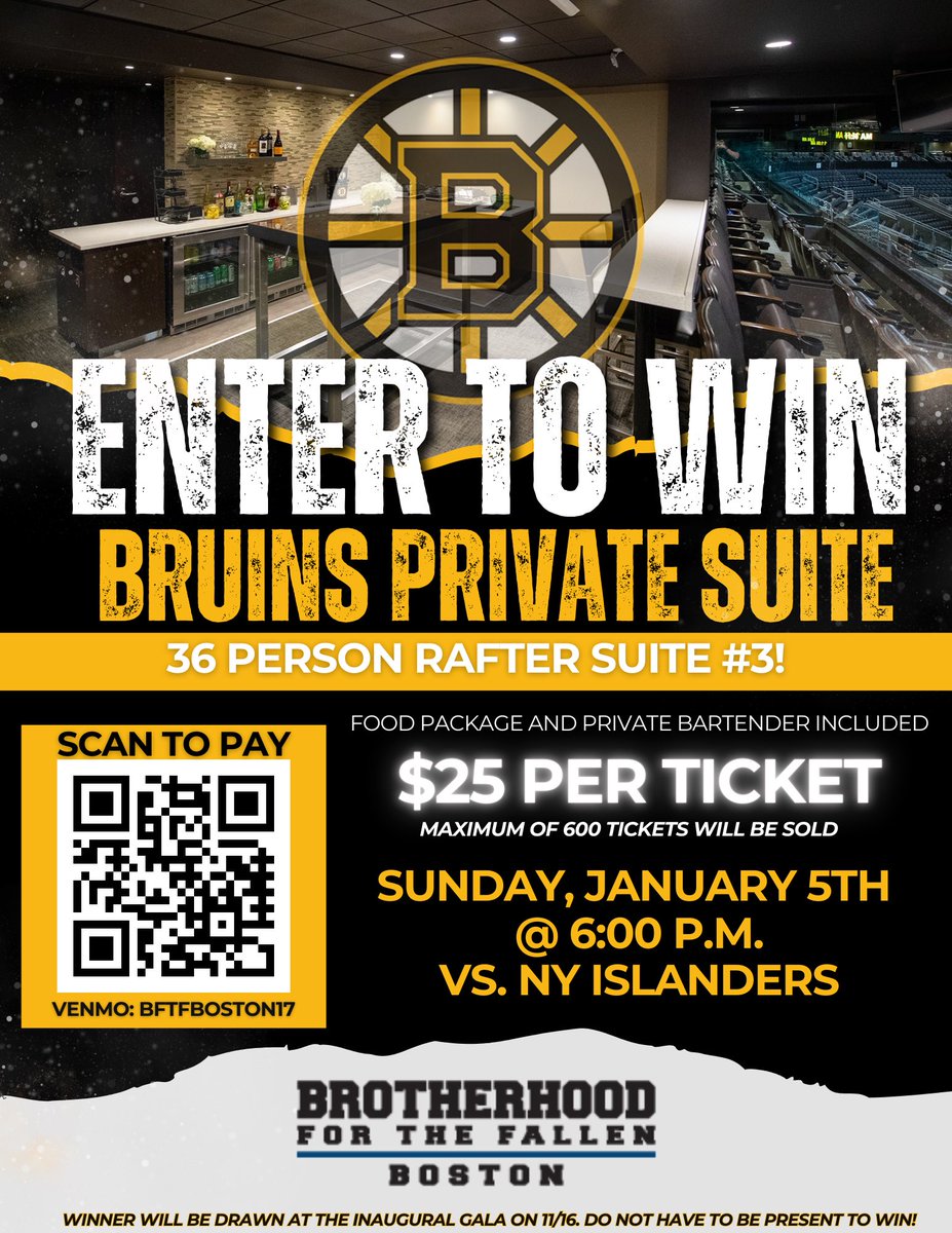 🚨 Bruins Raffle Alert! 🚨

We are hosting a raffle for a 36-person Private Rafter Suite for the Bruins vs. New York Islanders game on Sunday, January 6, 2024!

The package includes food and a private bartender (cash bar)!

Raffle Tickets are $25 each.