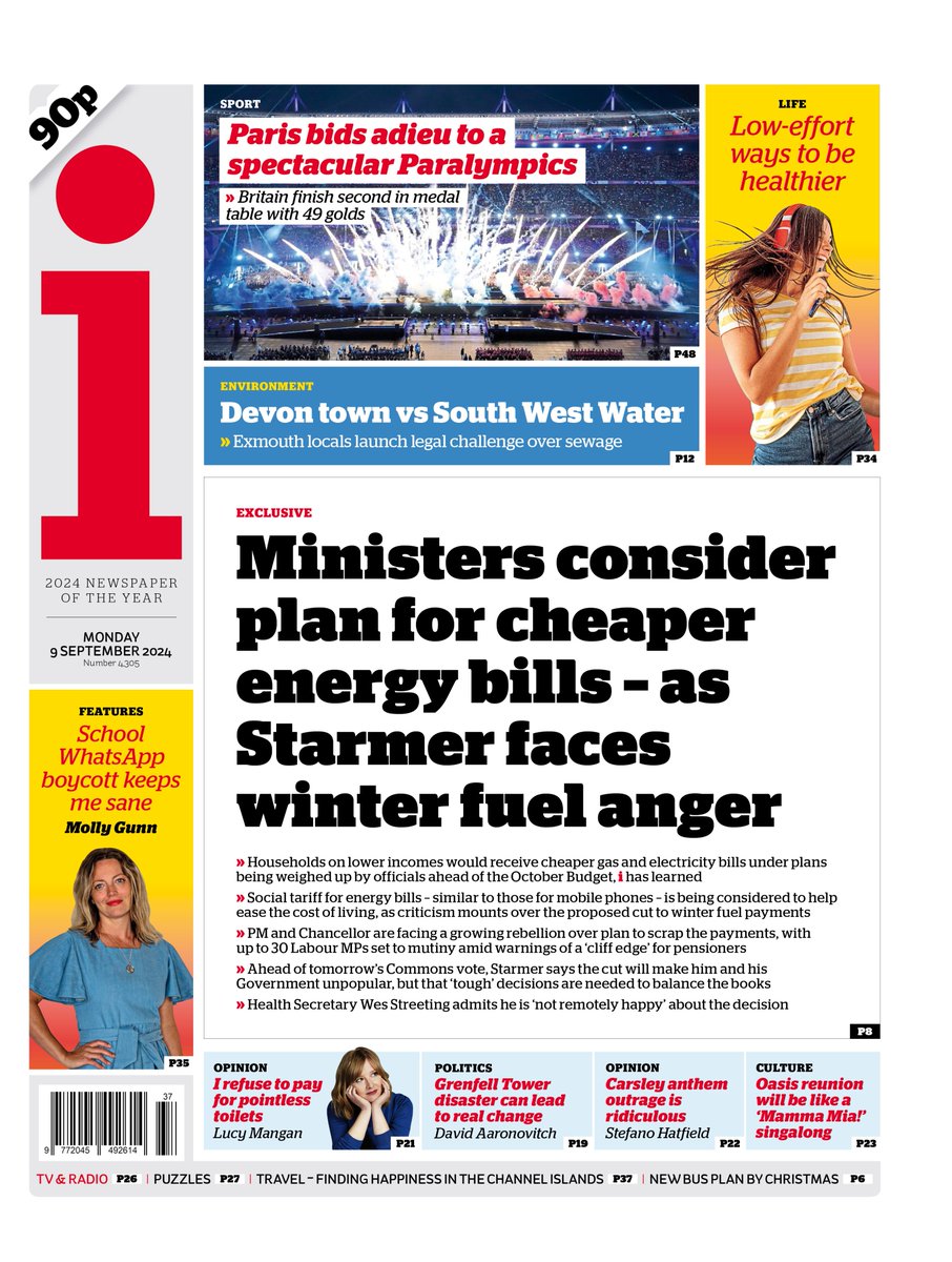 i: Ministers consider plan for cheaper energy bills – as
Starmer faces winter fuel anger #TomorrowsPapersToday