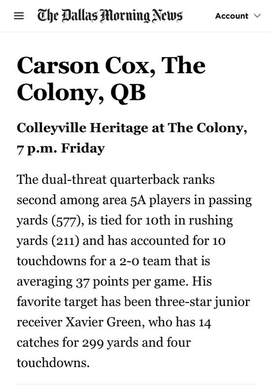 Thanks <a href="/dallasnews/">Dallas Morning News</a> for the write up! Big week coming up for us. 

<a href="/XavierrGreen/">Xavier Green</a> <a href="/Bgrady21/">Coach Grady</a> <a href="/jhubener/">Coach Hubener</a> <a href="/ihss_dfw/">DFW Inside High School Sports</a>