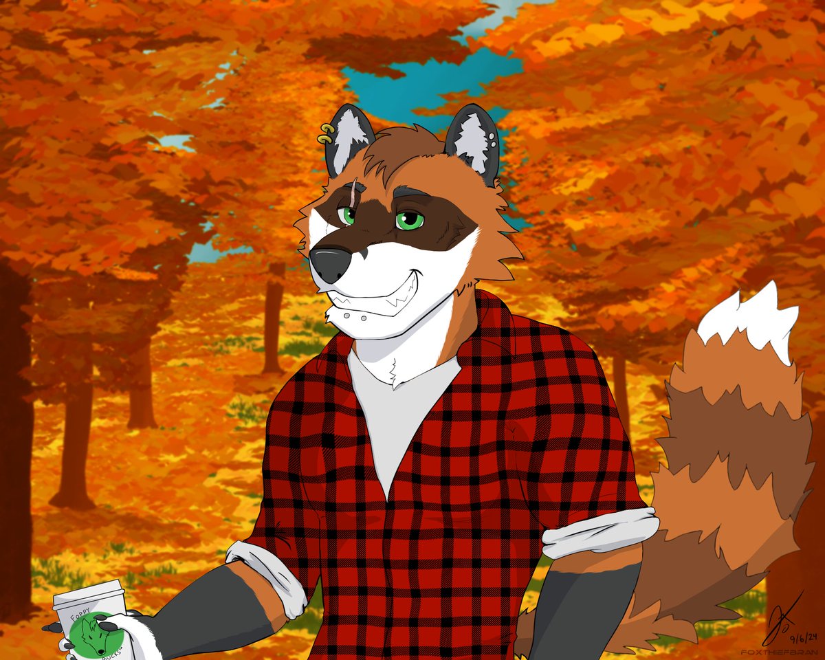 At least here in Michigan, leaves are already starting to turn- so have a cozy Raccoon Bran! I call this one "Punk-kin Spice Latte"... G-get it? 'Cause he's got punk vibes... and the... the latte... 🥴
