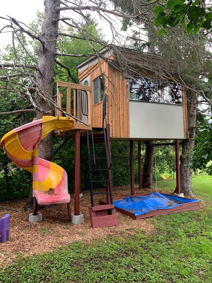 Decided to build something special for my little girl . I always wanted a tree house so I built one for my princess . With inflation and home prices she might need it  when she older 😂 It’s 10x8 with a 8x 6 balcony, park slide , monkey bars under it and sand box under tarp